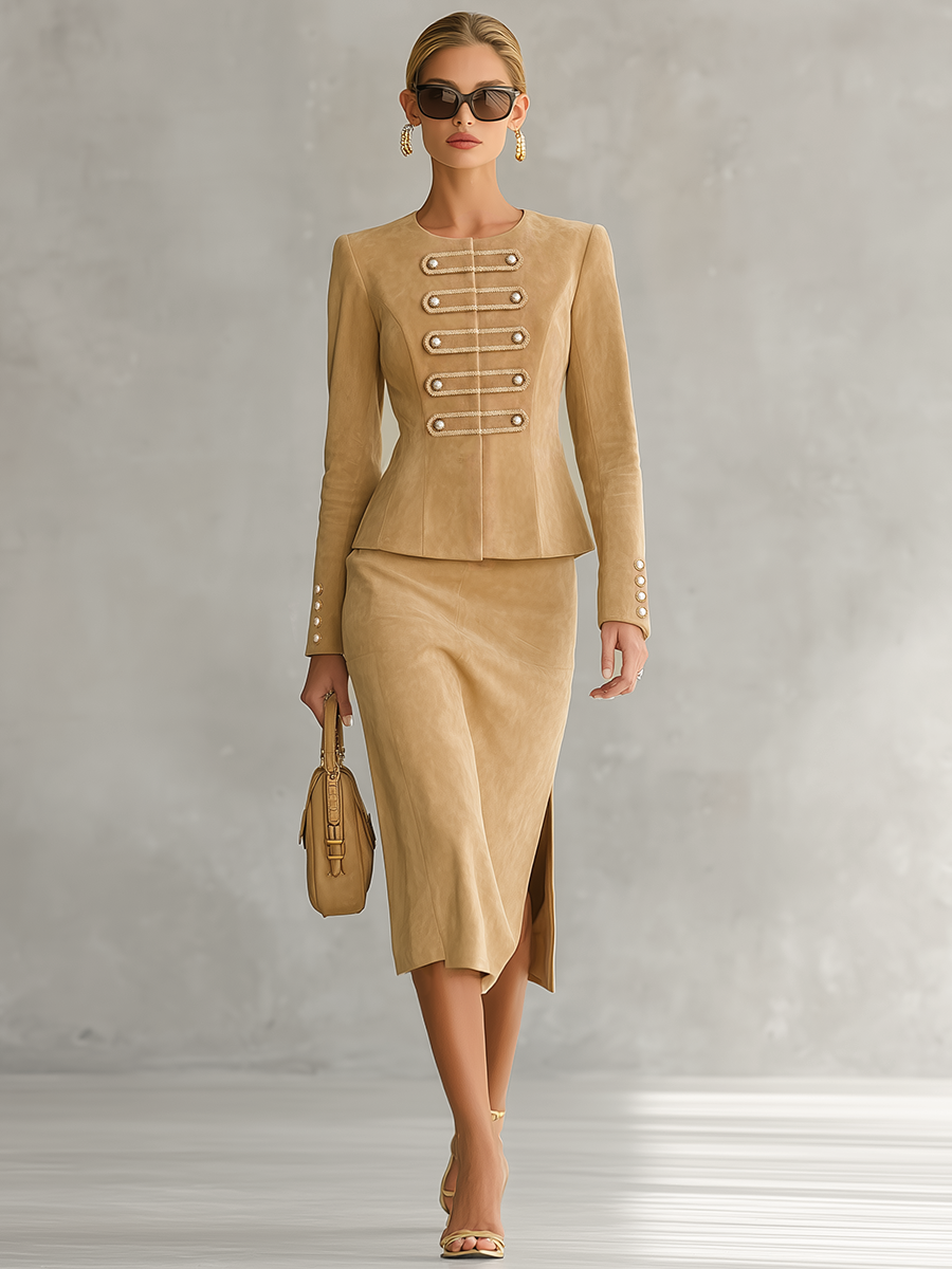 Retro-chic Faux Suede Skirt Set With Decorative Buckles
