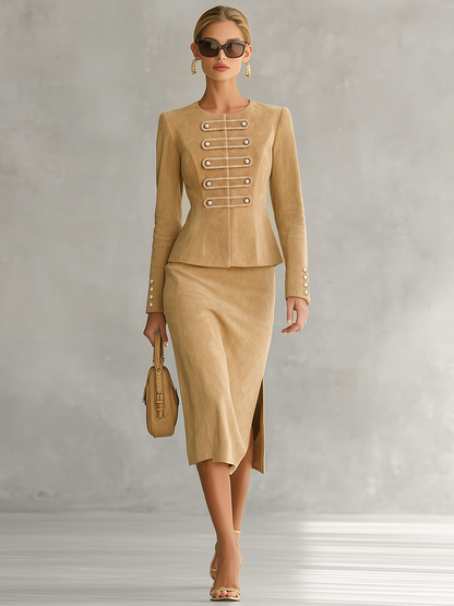 Retro-chic Faux Suede Skirt Set With Decorative Buckles