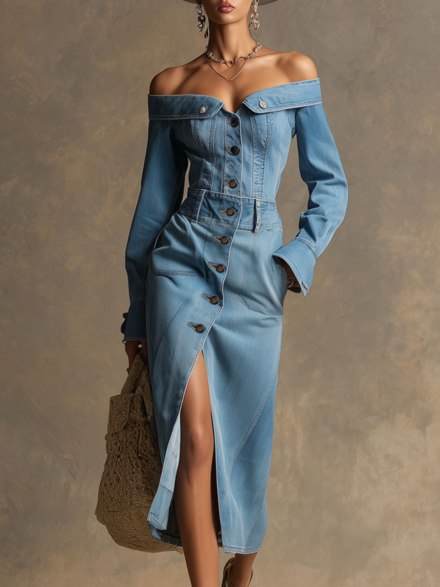 Fashionable Retro Off-shoulder Light Blue Denim Long-sleeved Midi Dress