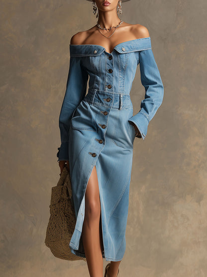 Fashionable Retro Off-shoulder Light Blue Denim Long-sleeved Midi Dress