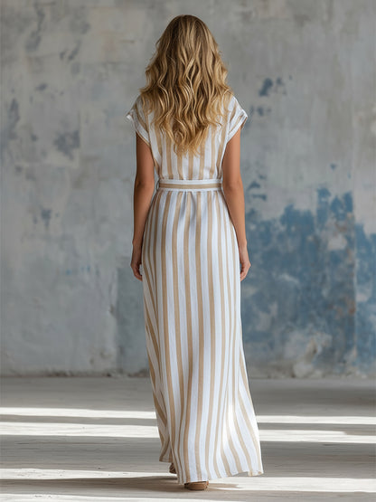 Classic Vacation-style Striped Lapel Wide-shoulder Sleeveless Maxi Dress