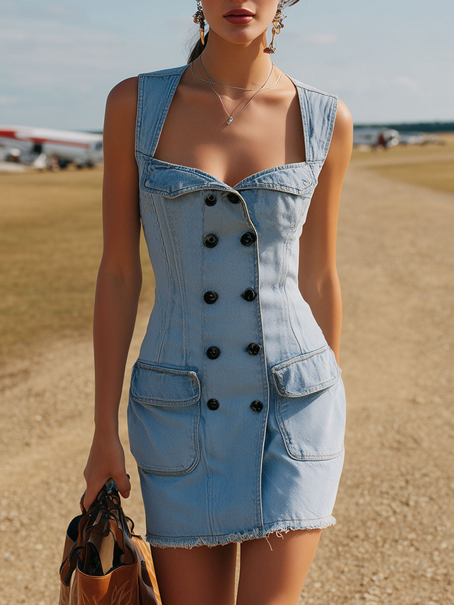 Western Retro Black Double-breasted Blue Sleeveless Denim Mini Dress