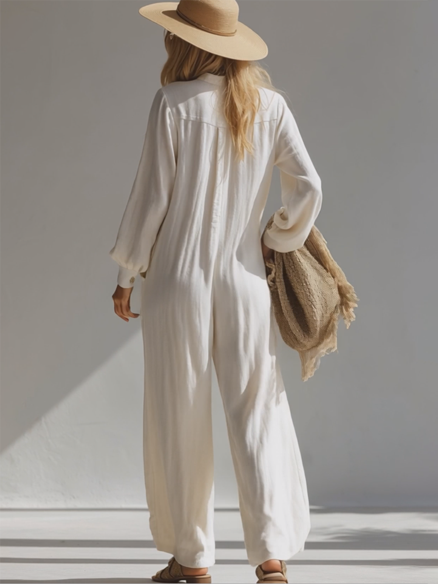Elegant And Casual White Cotton And Linen Jumpsuit