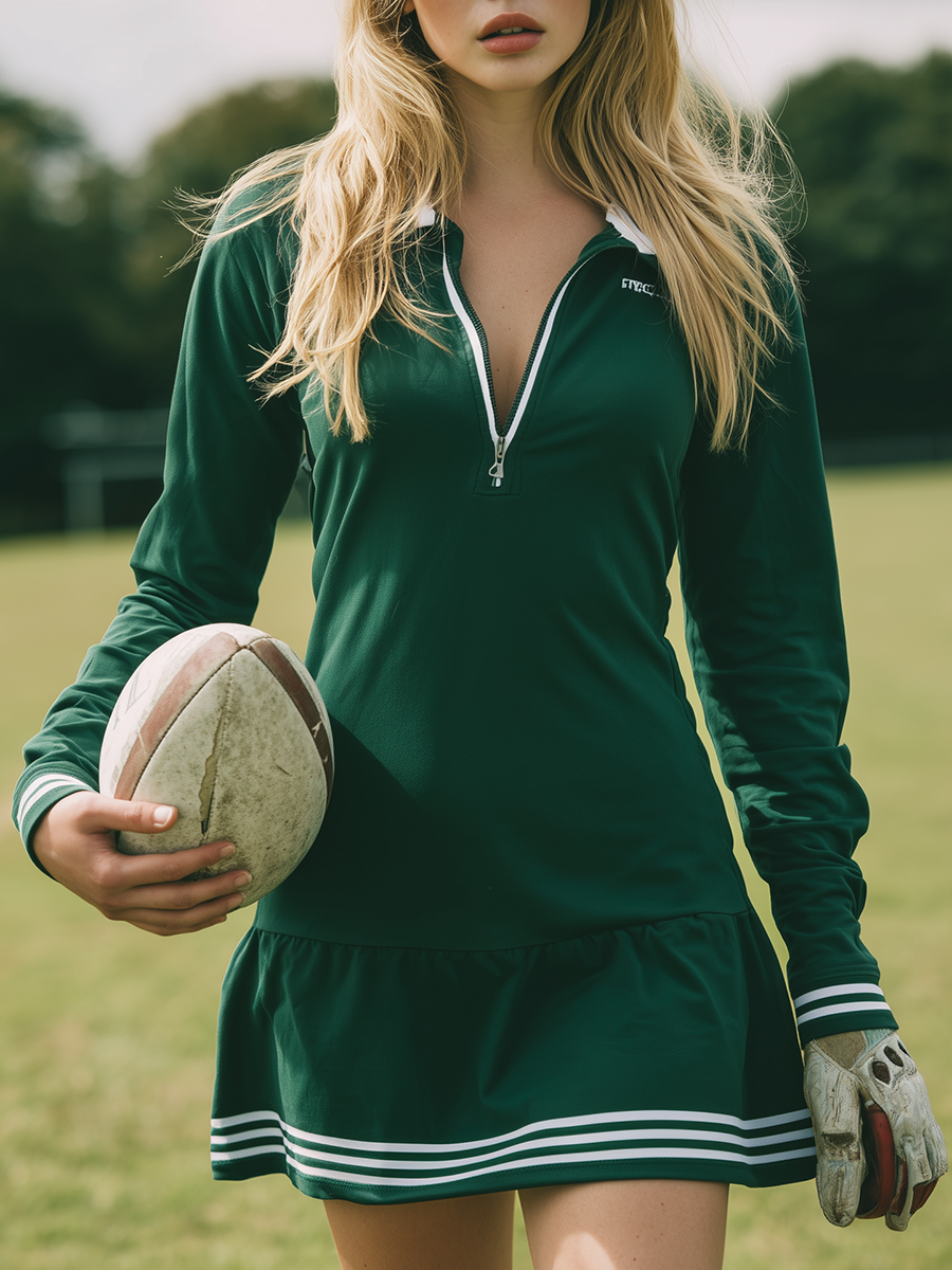 Retro Sporty Lapel Long Sleeve Ruffled Mini Dress