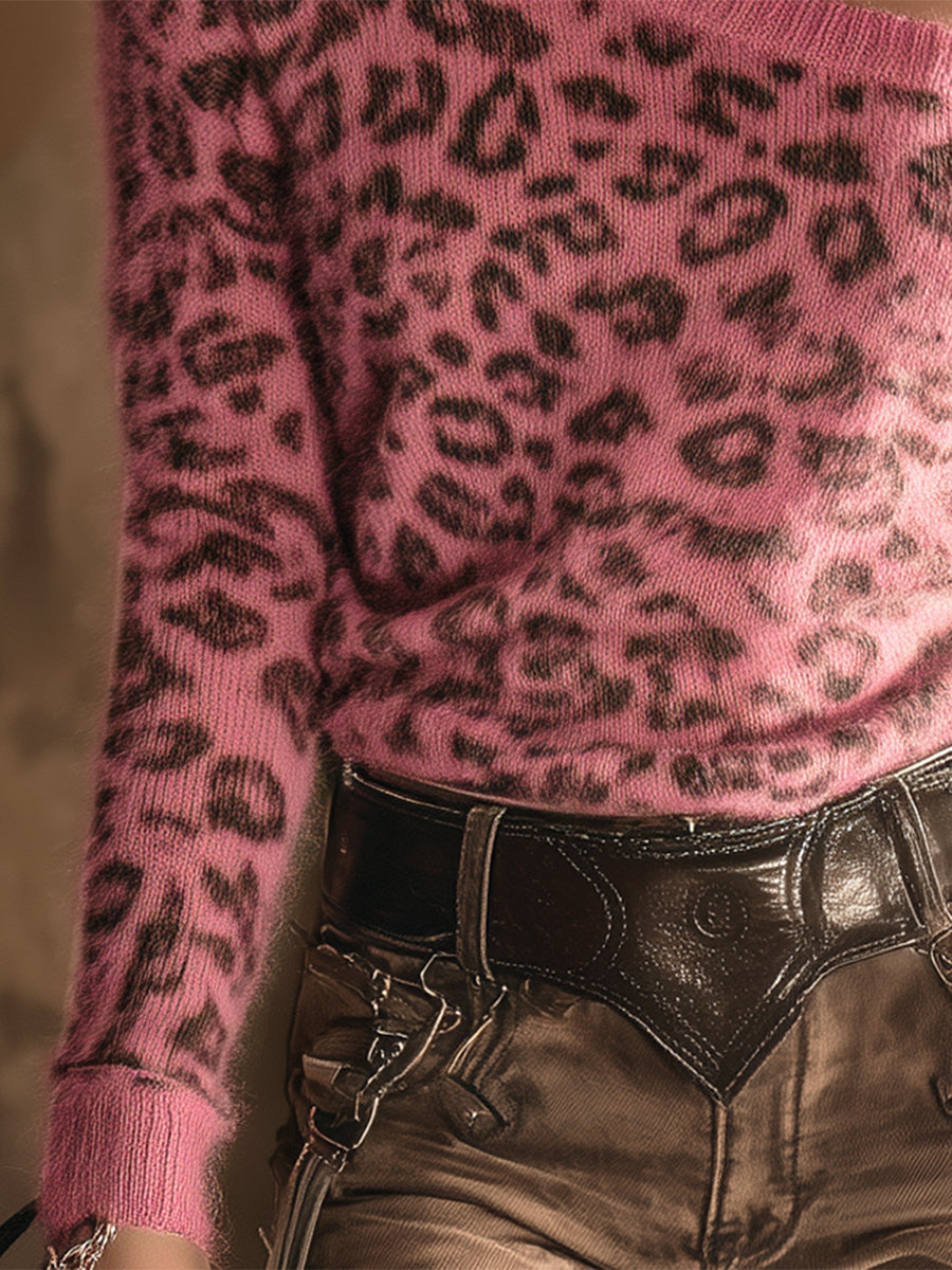 Western-style One-shoulder Pink Leopard Print Long-sleeved Sweater