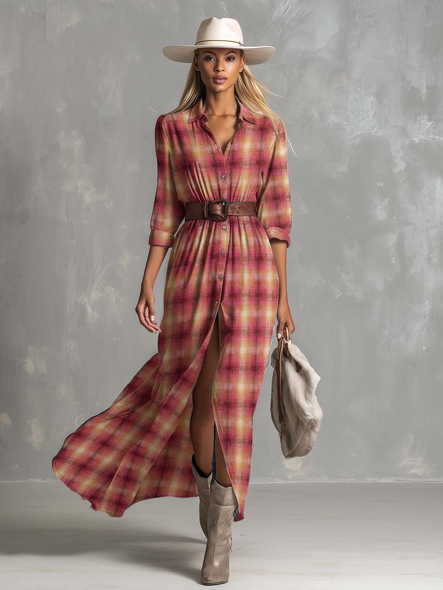 Vintage Western Comfort Front Button Pink Woven Plaid Shirt Dress