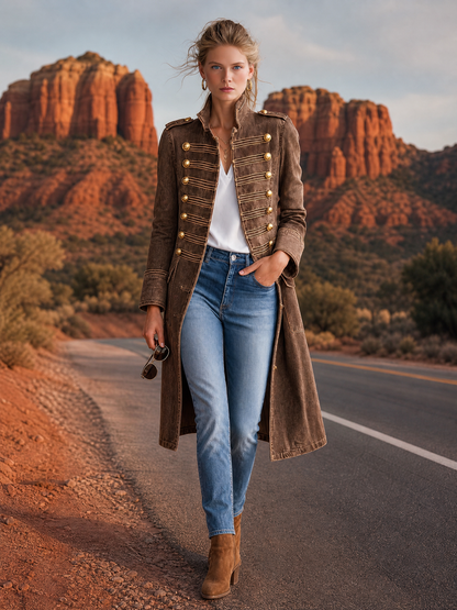 Vintage Washed Denim Military Officer Longline Gold-Button Fitted Statement Coat Women