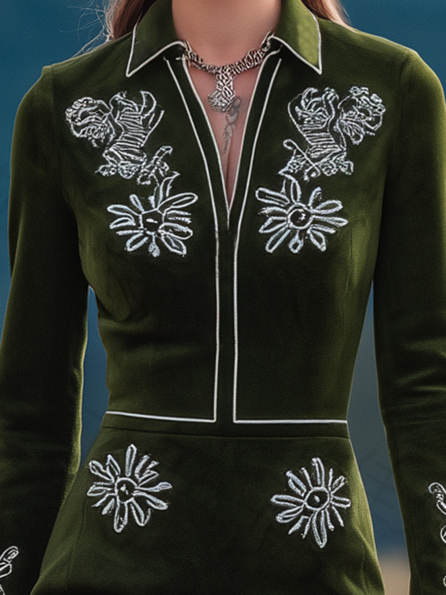 Vintage Green Faux Suede Western Embroidered Mimi Dress