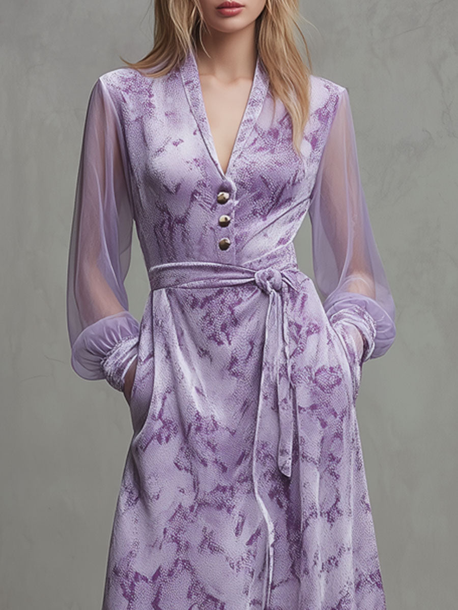 Fashionable Retro Mesh Long-sleeved Light Purple Velvet Snakeskin Maxi Dress