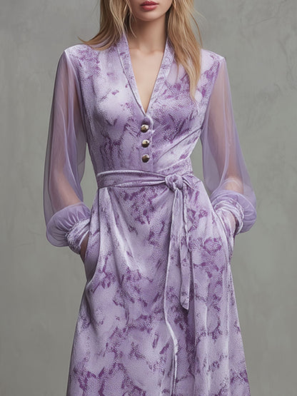 Fashionable Retro Mesh Long-sleeved Light Purple Velvet Snakeskin Maxi Dress