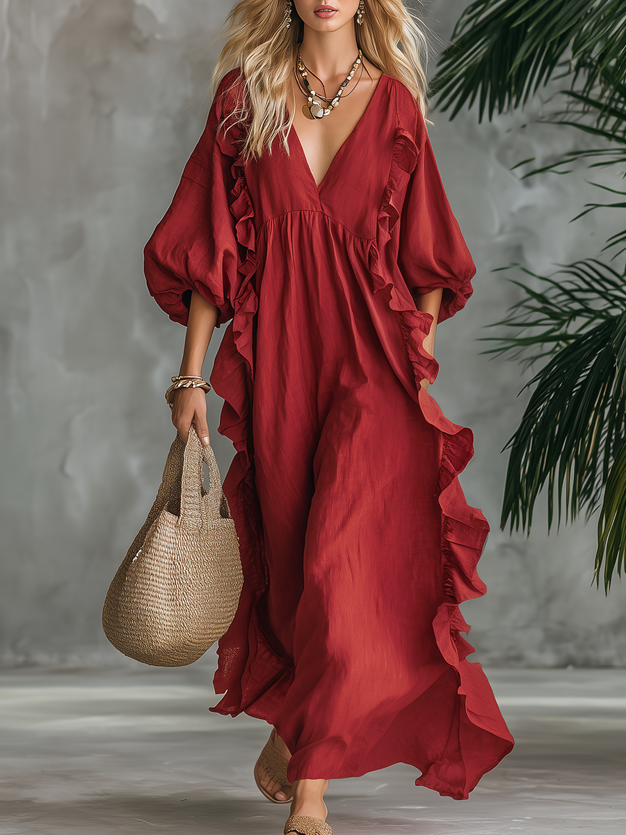 Elegant Retro Vacation V-neck Ruffled Cotton And Linen Maxi Dress