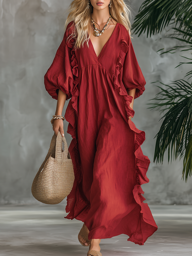 Elegant Retro Vacation V-neck Ruffled Cotton And Linen Maxi Dress