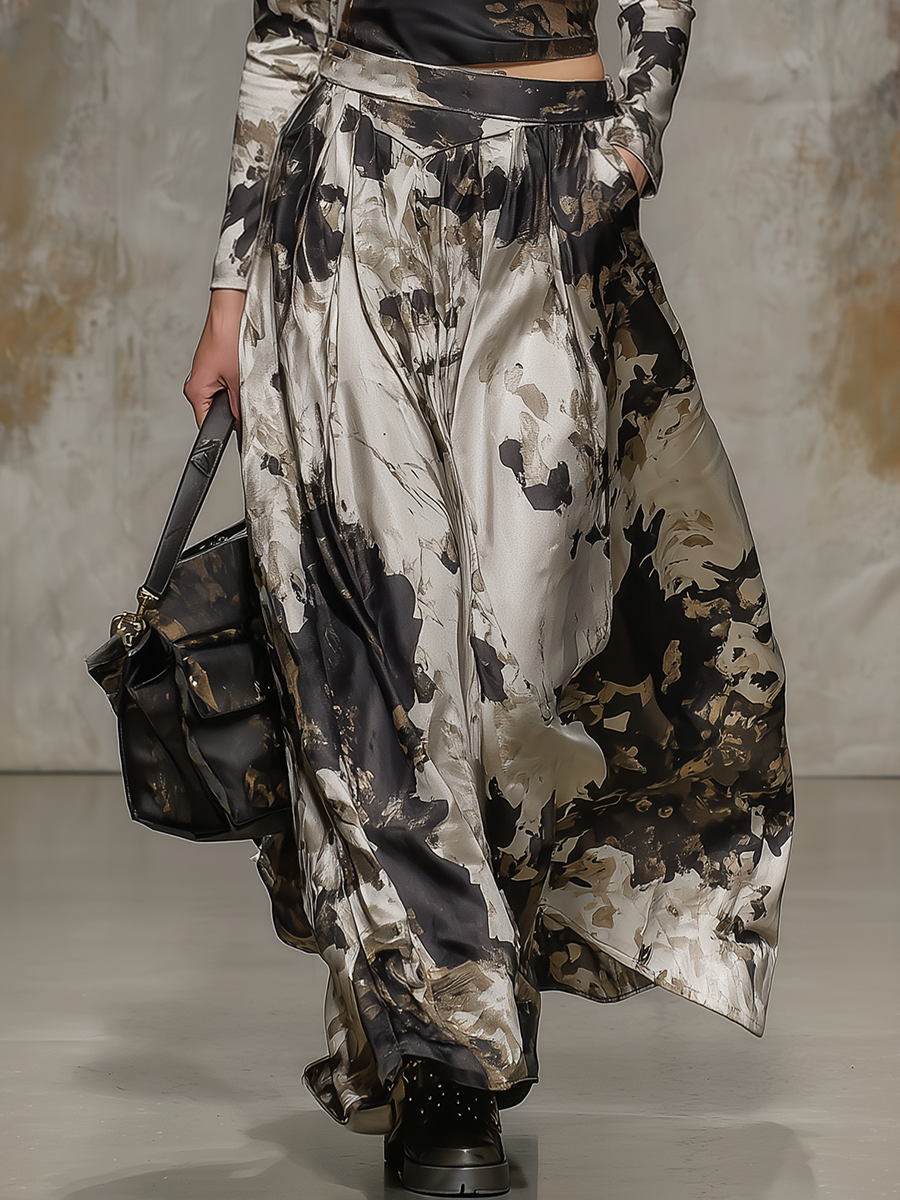 Stylish Splatter Print Square Neck Top And Skirt Set