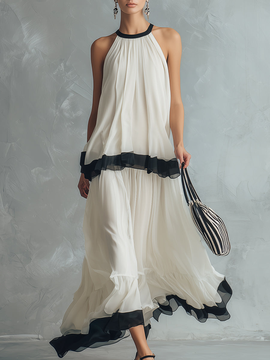 Elegant And Minimalist Color-blocked Ivory Beige Chiffon Halter Neck Top And Long Skirt Set