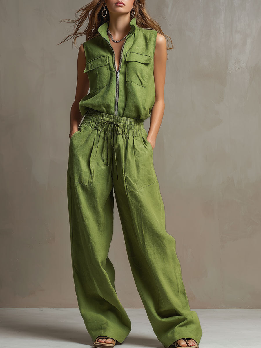 Casual Retro Green Cotton Linen Sleeveless Zip-up Shirt And Wide-leg Pants Set