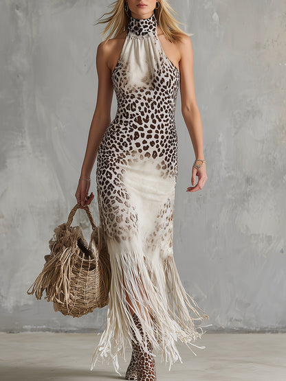 Retro Western Style Off-white Leopard Print Fringed Sleeveless Maxi Dress