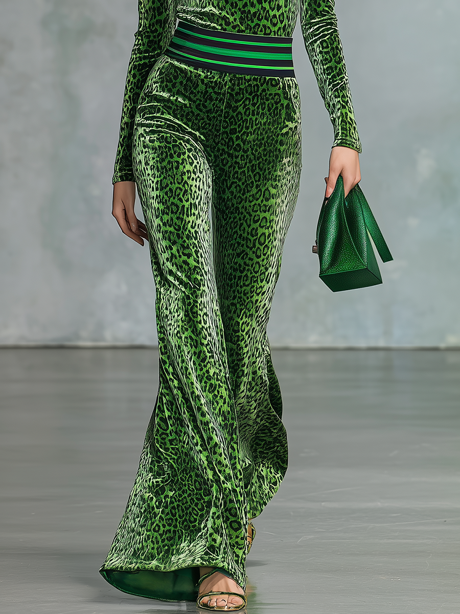 Sporty Retro Leopard Print Stand Collar Velvet T-Shirt And Flared Pants Set