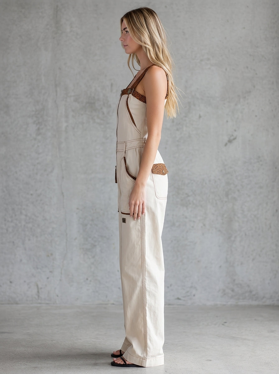 retro workwear leopard-print piped zip denim overalls
