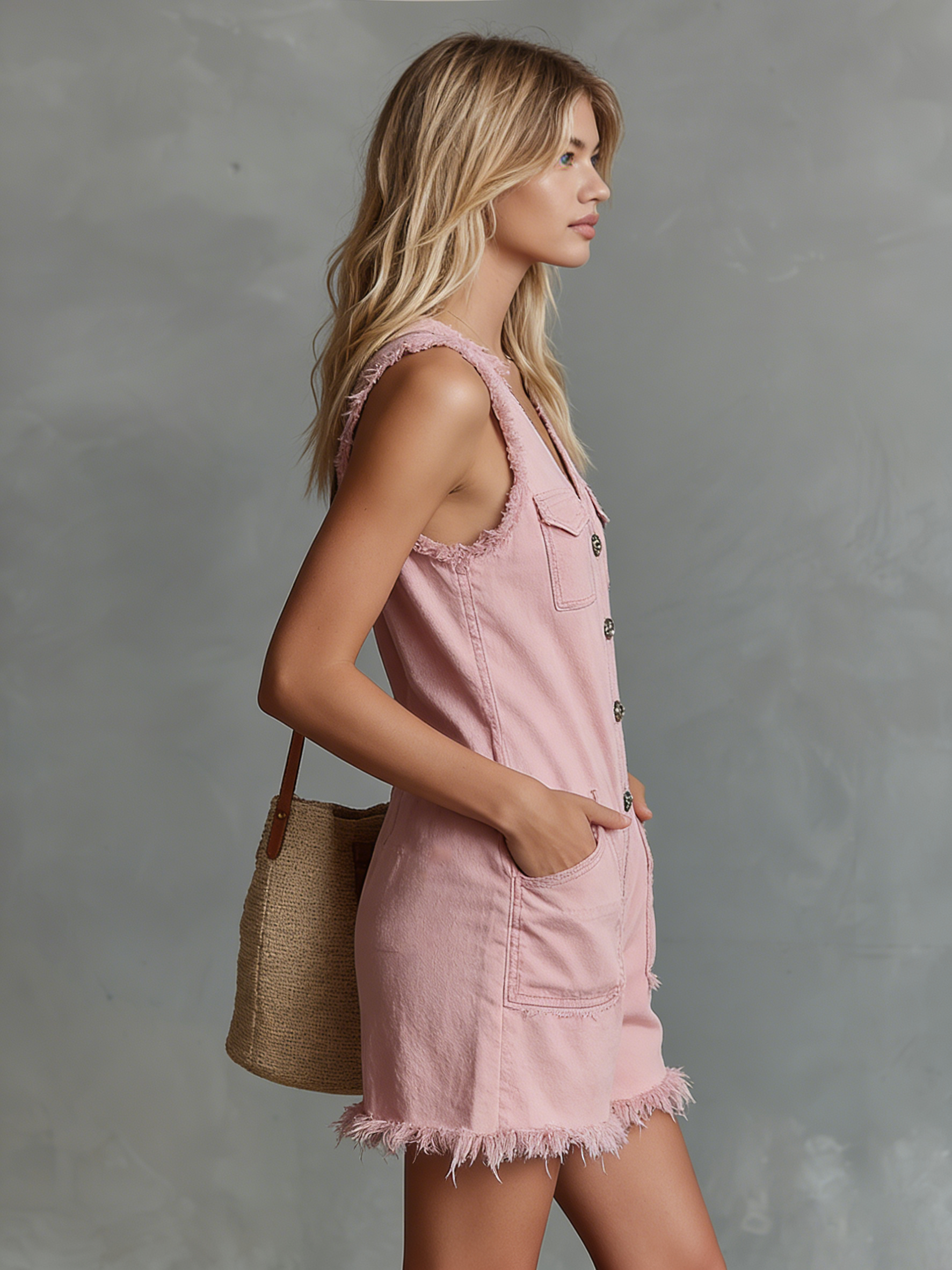 Retro Casual V-neck Button-down Sleeveless Denim Jumpsuit Shorts