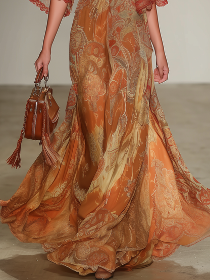 Casual And Relaxed V-neck Three-quarter Sleeve Chiffon Maxi Dress