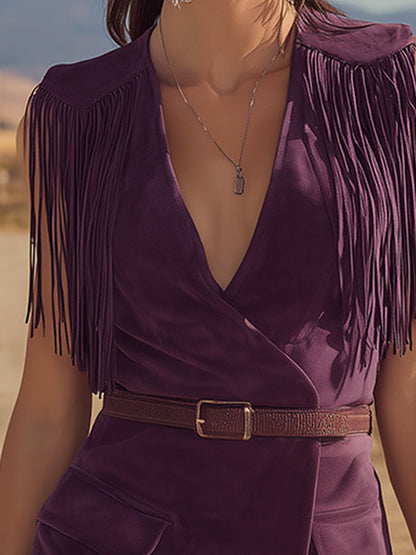 Western Retro Tassel Purple V-Neck Sleeveless Faux Suede Mini Dress