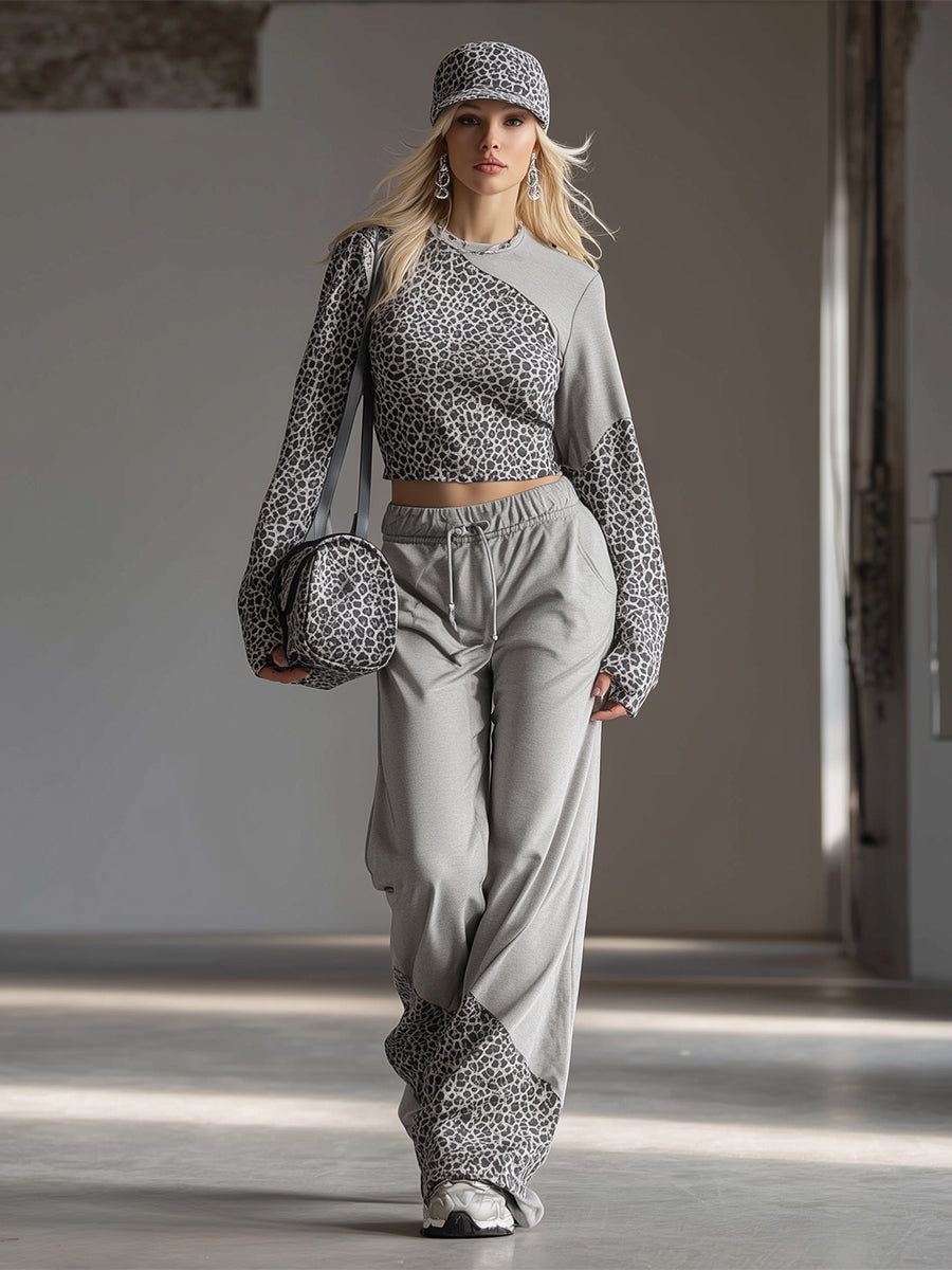 Trendy Casual Sporty Leopard Print Patchwork Gray Sweatshirt And Wide-Leg Pants Set