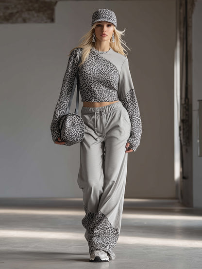 Trendy Casual Sporty Leopard Print Patchwork Gray Sweatshirt And Wide-Leg Pants Set