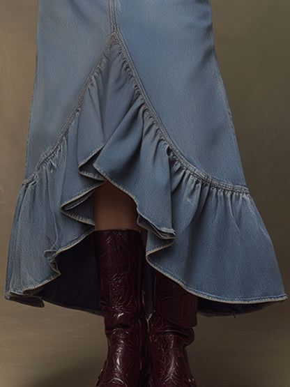 Western Retro Blue Denim Ruffle Skirt