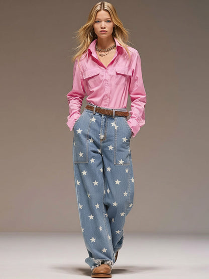 Casual Retro Five-star Print Frayed Wide-leg Light Blue Jeans