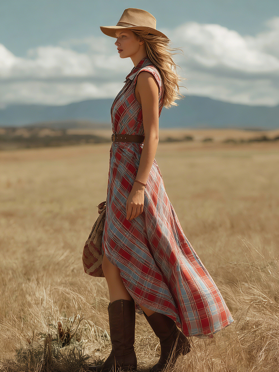 Western Retro Bohemian Collared Plaid Print Sleeveless Chiffon Maxi Dress