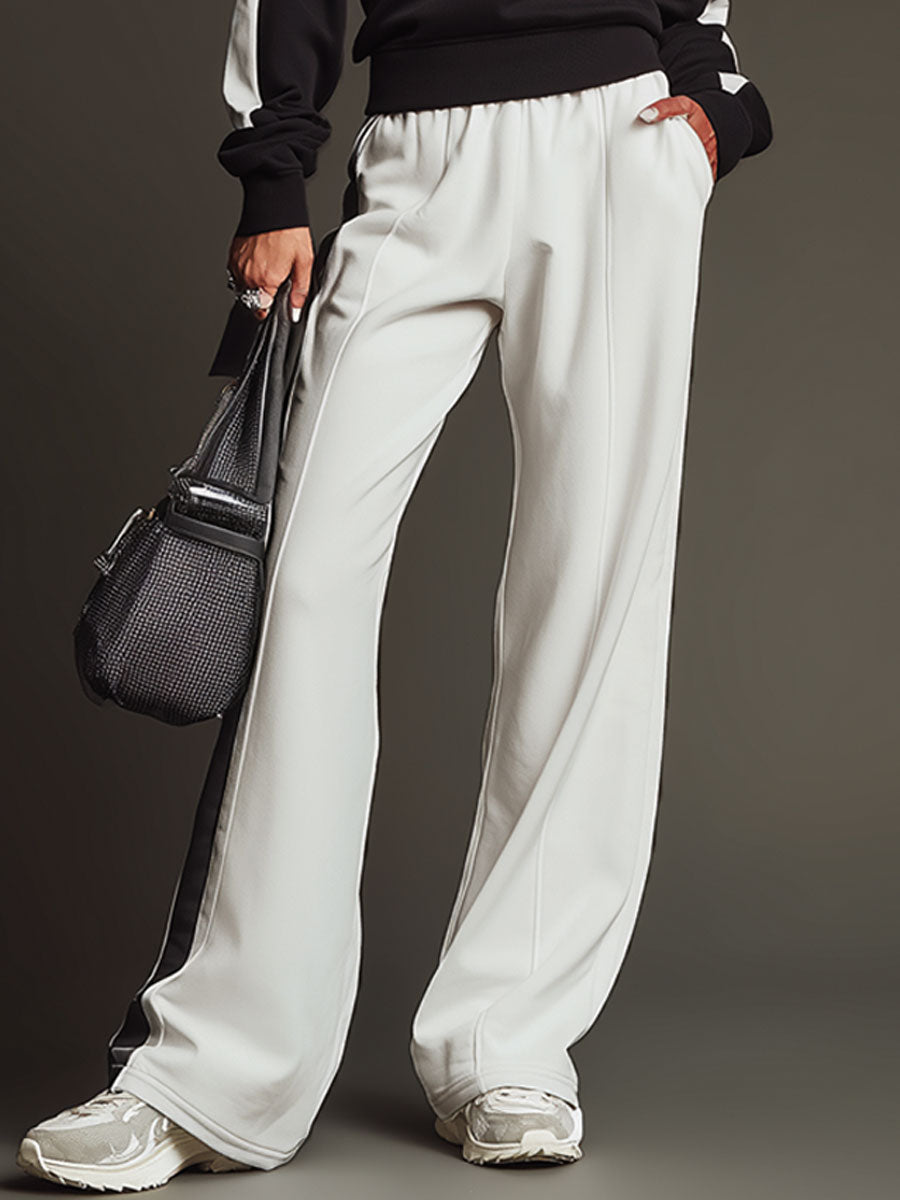 Retro Sporty Black And White Half-zip Sweatshirt And Wide-leg Pants Set
