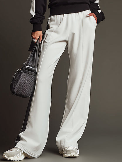 Retro Sporty Black And White Half-zip Sweatshirt And Wide-leg Pants Set