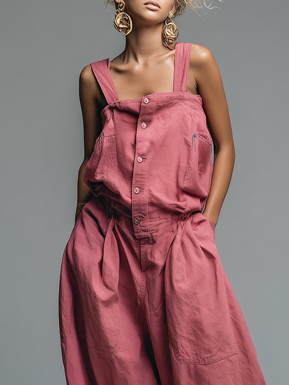 Casual Loose Gray-pink Cotton Linen Jumpsuit Overalls