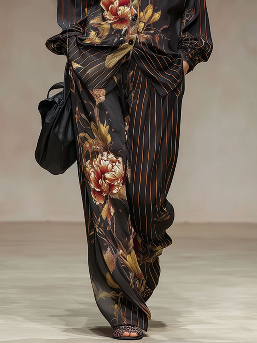 Retro Striped Peony Print Black Chiffon Long-sleeved Shirt And Wide-leg Pants Set