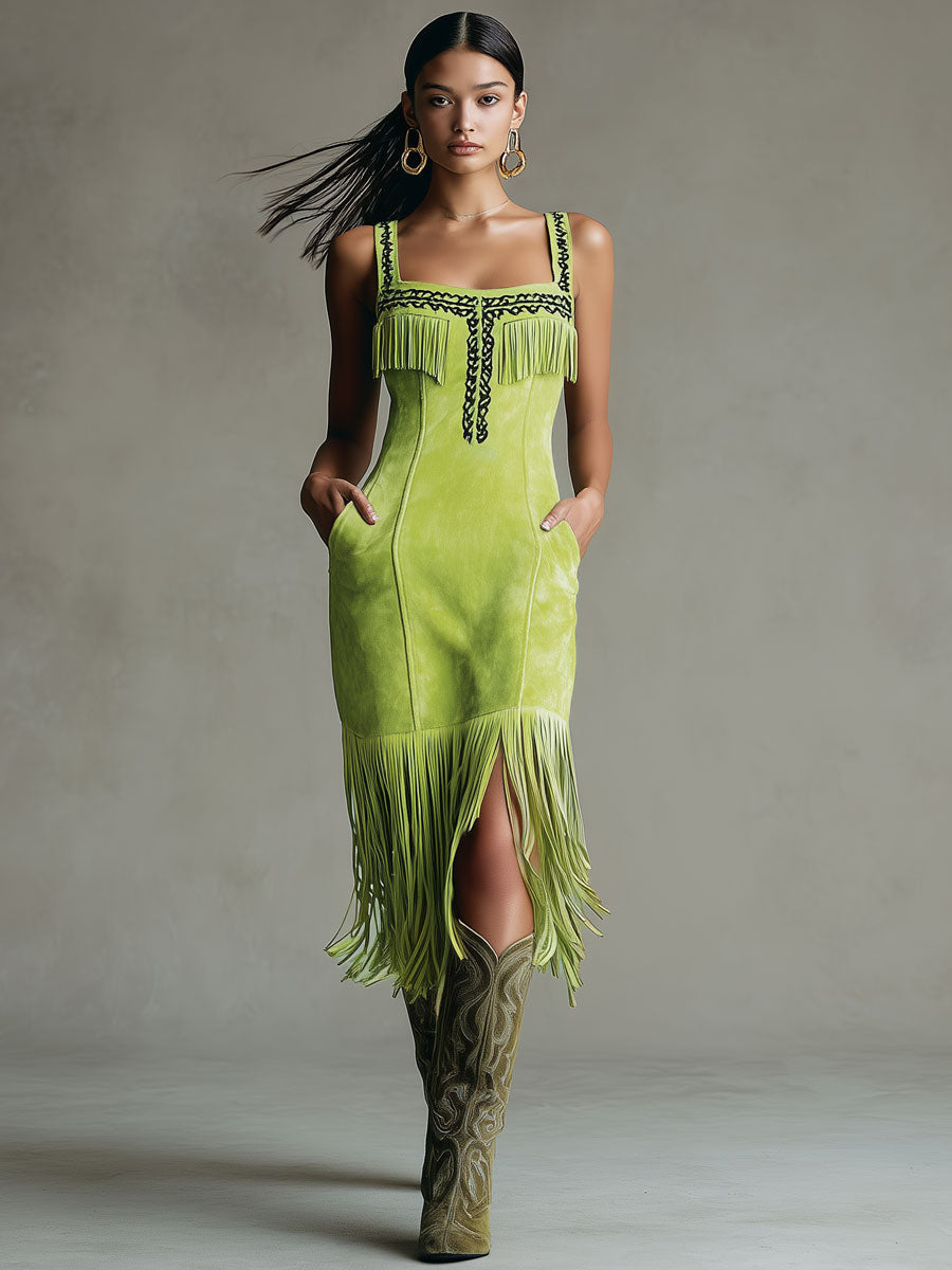 Western Retro Fluorescent Green Faux Suede Embroidered Tassel Midi Dress