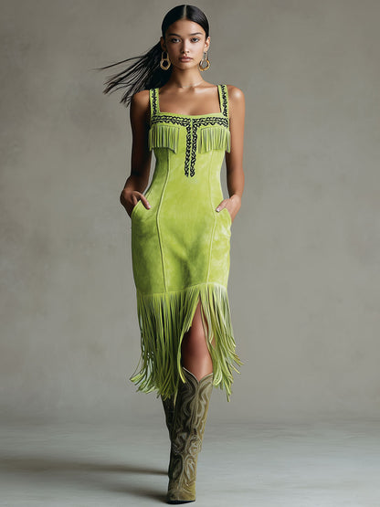 Western Retro Fluorescent Green Faux Suede Embroidered Tassel Midi Dress