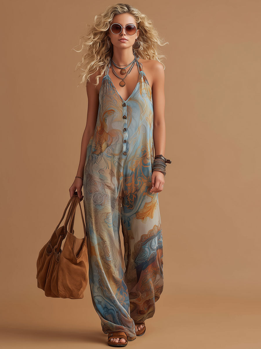 Vacation Retro Bohemian Print Chiffon Sleeveless Wide-Leg Jumpsuit