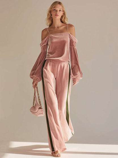 Fashionable Sporty Pink Velvet Off-the-shoulder Top And Wide-leg Pants Set