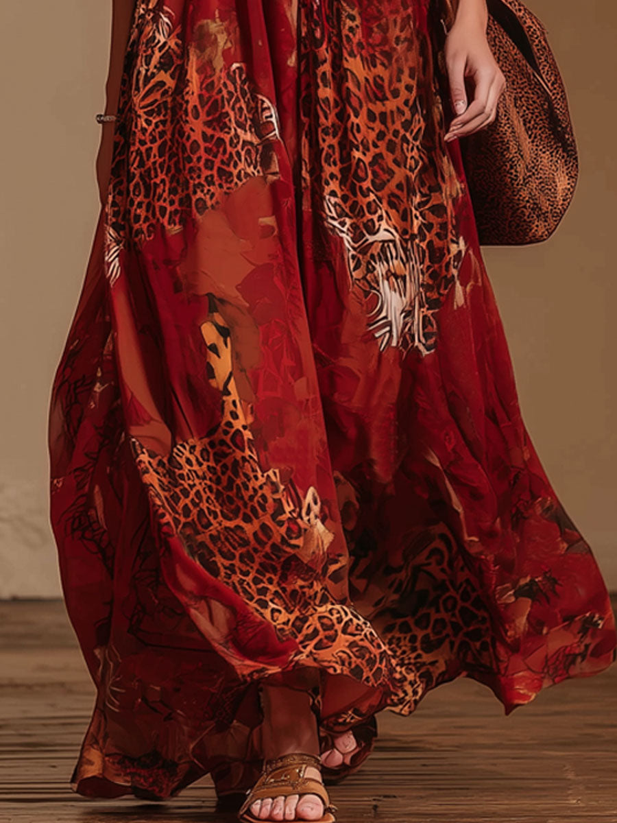 Leopard Print V-neck Chiffon Sleeveless Maxi Dress
