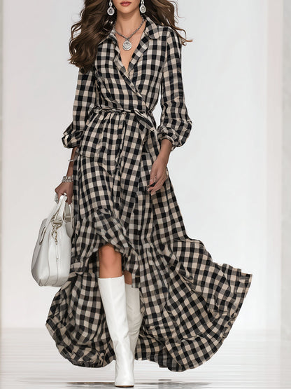 Bohemian-style Retro Plaid Long-sleeved Maxi Dress