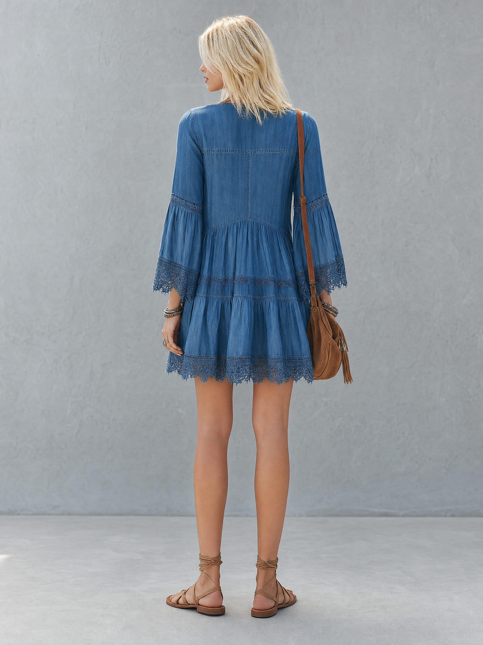Vintage Lace-Panel Vacation Dress – V-Neck Flared Sleeves Tiered Mini