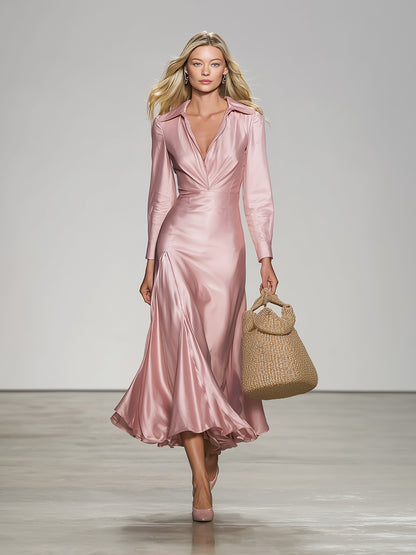 Elegant Pink Satin Shirt Collar Midi Dress
