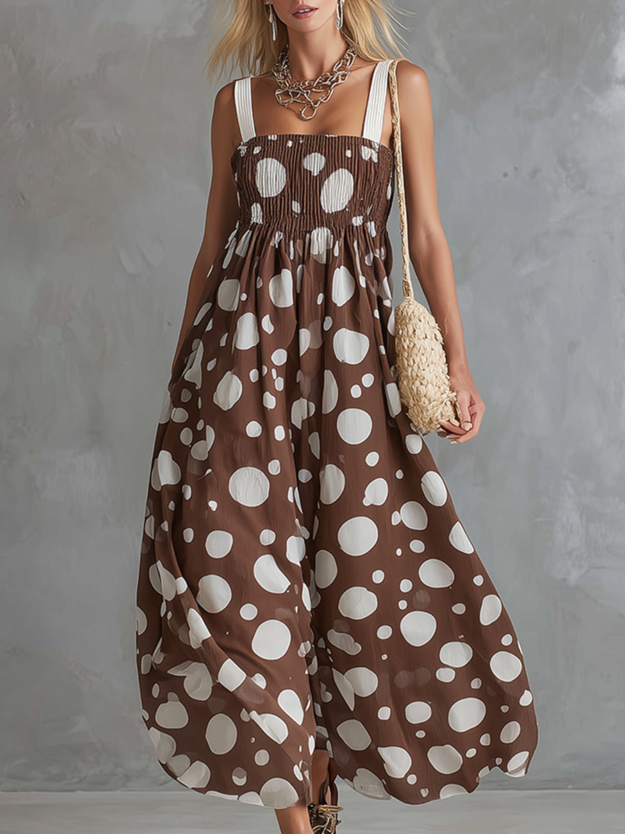 Elegant And Stylish Brown Polka Dot Printed Square Neck Chiffon Sleeveless Maxi Dress