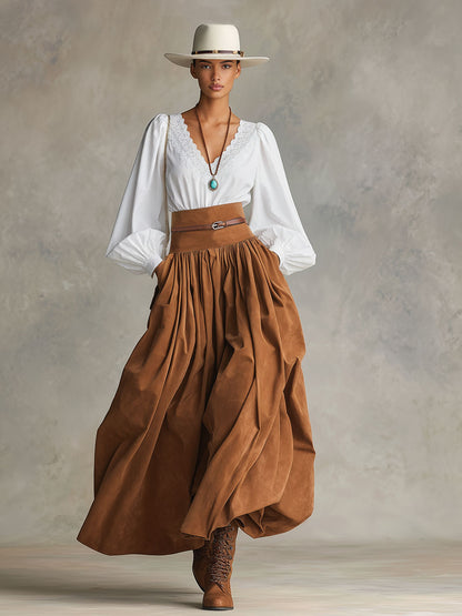Retro-style Faux Suede High-waisted Pleated Midi Skirt