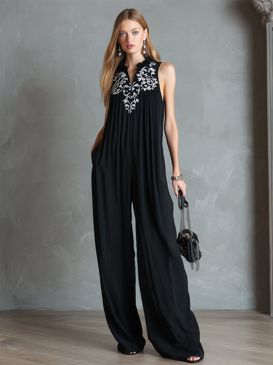 Elegant Embroidered Front-zip Black Chiffon Loose Sleeveless Jumpsuit