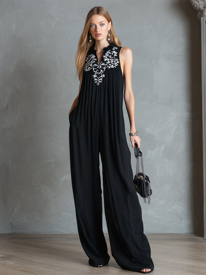 Elegant Embroidered Front-zip Black Chiffon Loose Sleeveless Jumpsuit