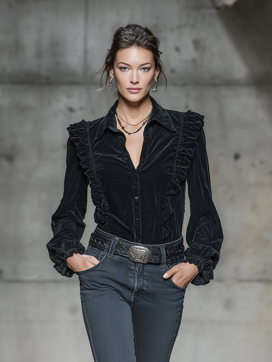 Stylish Black Faux Suede Long-sleeved With Ruffled Trim And Buttons Shirt