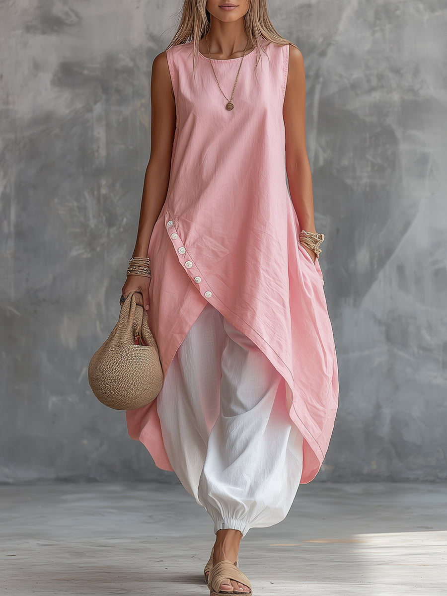 Retro Casual Vacation Asymmetrical Hem Top And Harem Pants Set