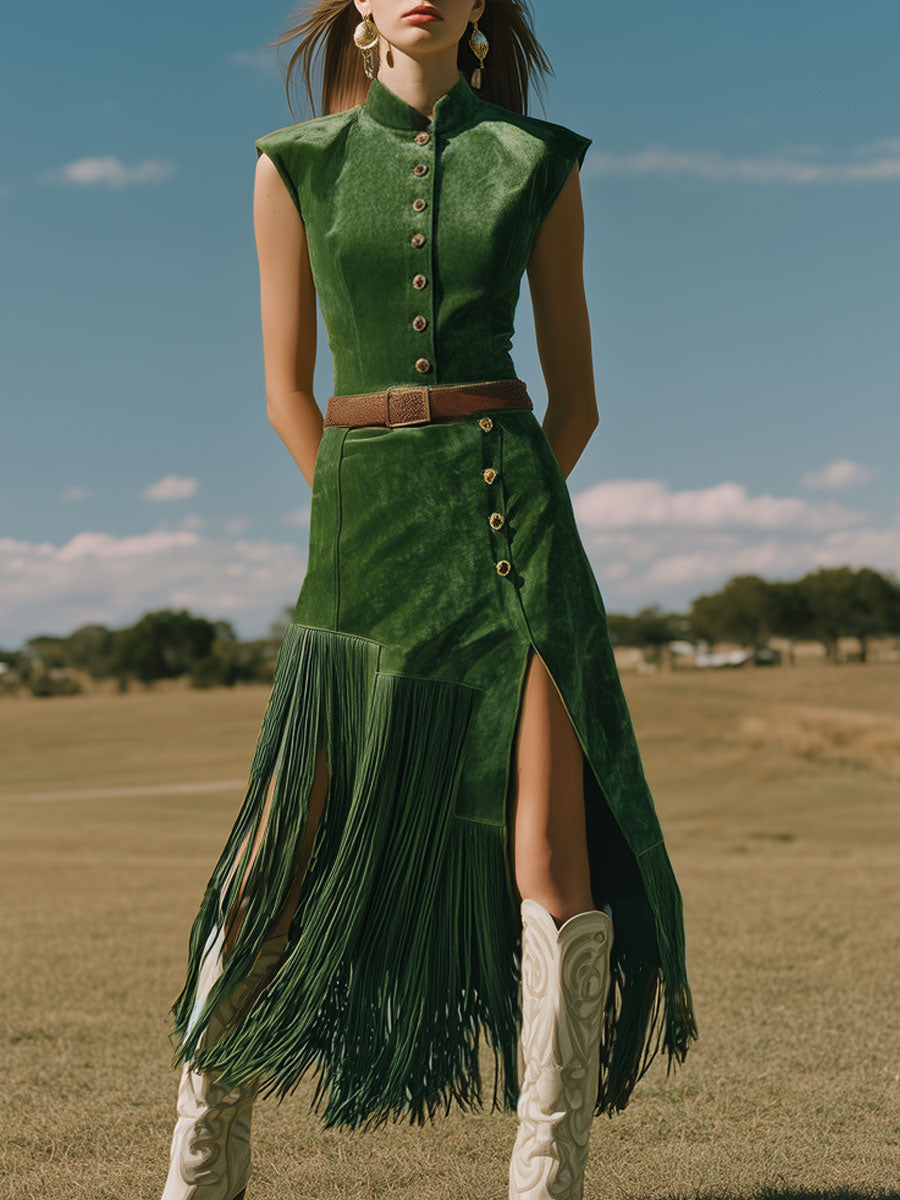 Western Retro Green Tassel Faux Suede Slit Sleeveless Midi Dress