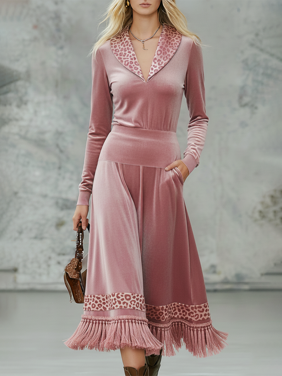 Elegant Retro Leopard Print Lapel Tassel Velvet Midi Dress